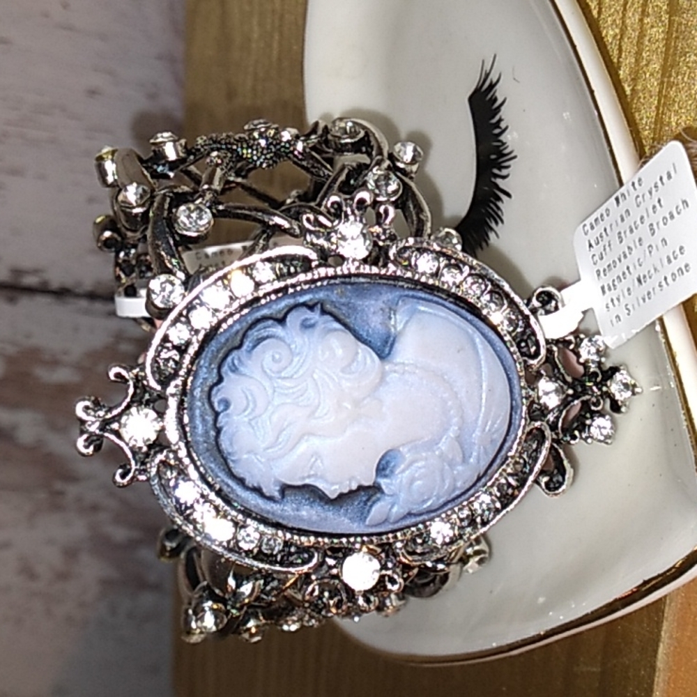 Blue Cameo Austrian Crystal Cuff Bracelet Magnet Pin Necklace Broach Silver